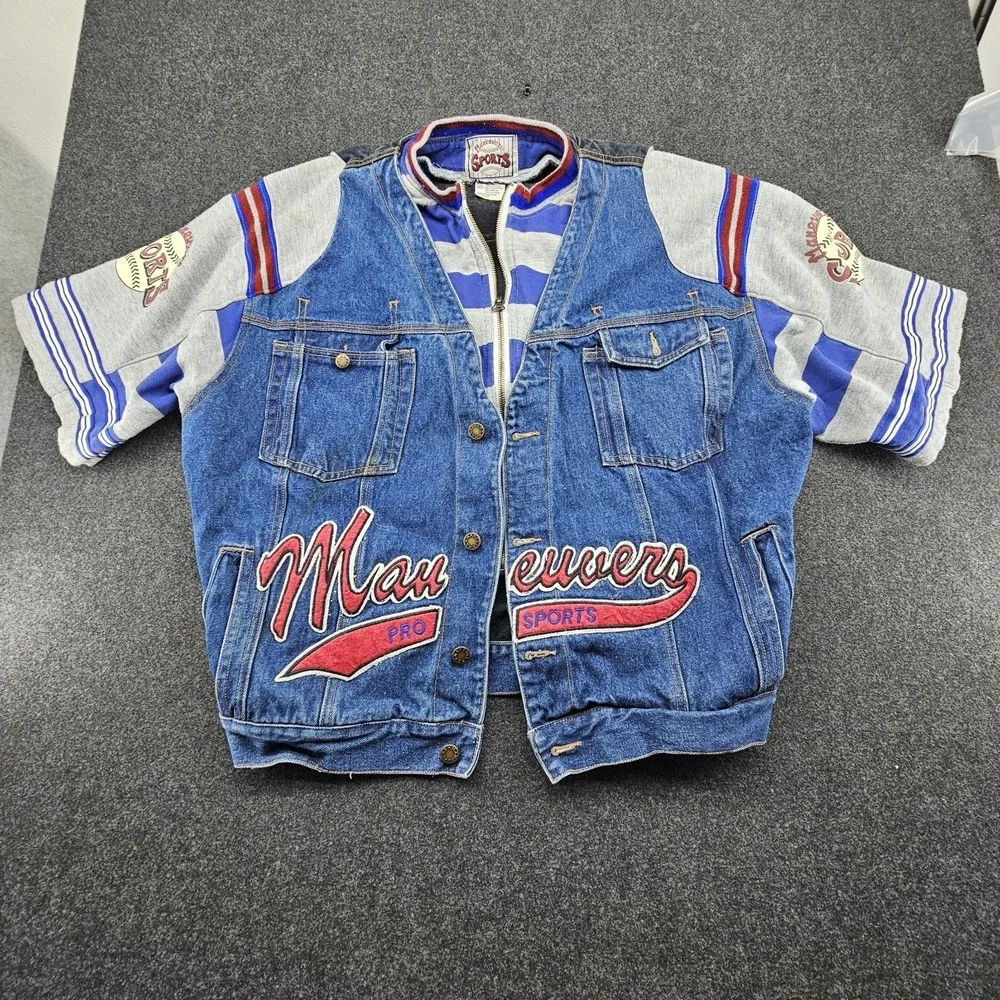 Vintage Maneuvers Sports Denim Jean‎ Faux Layered Vest Jacket Short Sleeve XL
